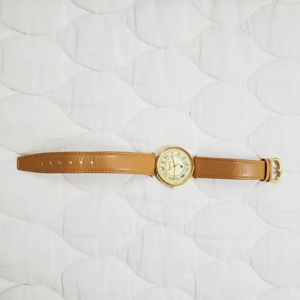 Jacques Farel Swiss Watch Zodiac Vintage 70s Women's Tan & Gold Tone New Battery